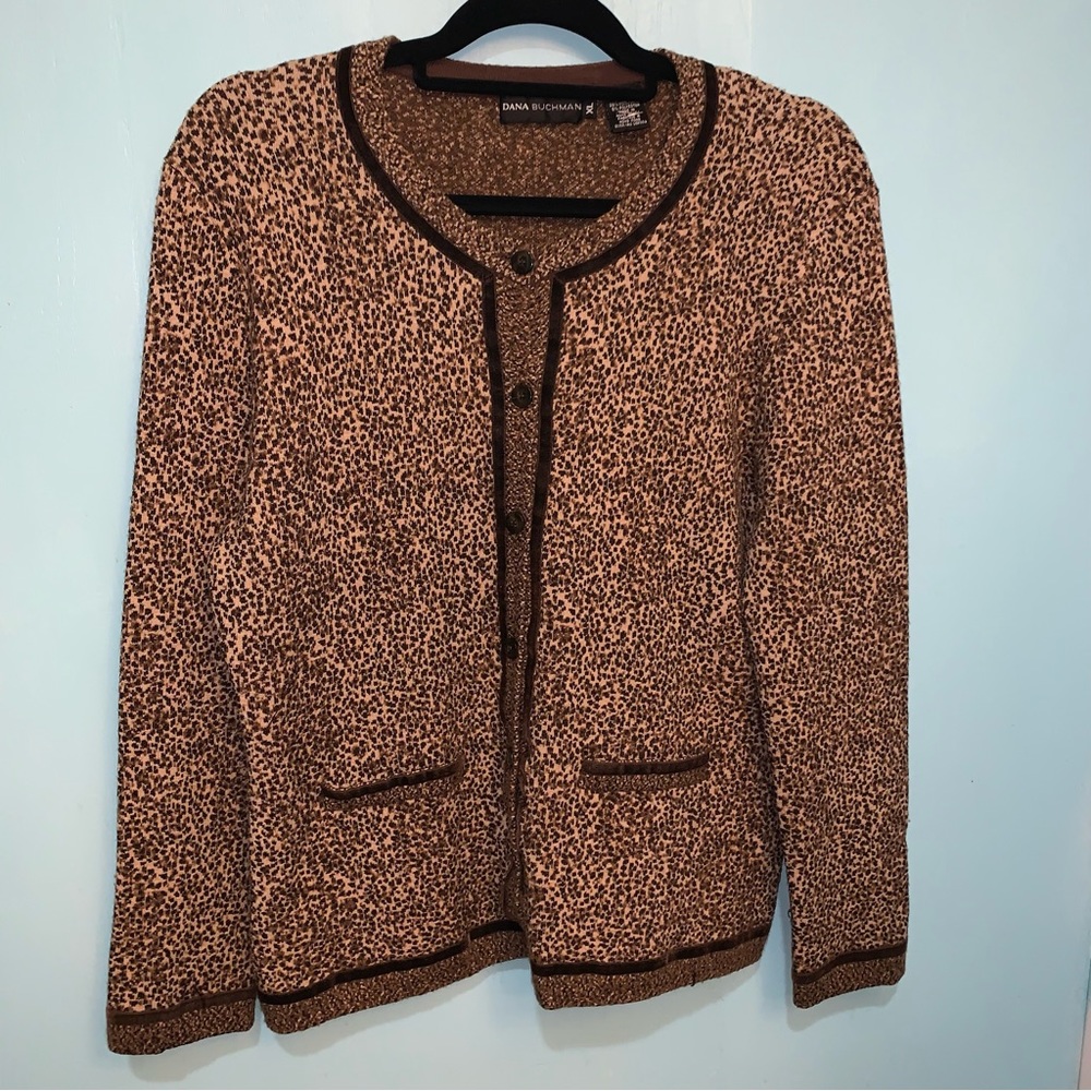 Dana Buchman Academia Work Leopard Print 2-Pkt Long Sleeve Button-Up Cardigan,XL